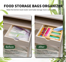 Load image into Gallery viewer, Bamboo Ziplock Bags Organizer for Kitchen Drawer - Food Storage Plastic Bag Dispenser Holder Containers, Openable Lid Wooden Organization Box for Gallon Snack Sandwich Quart Variety Size Baggies
