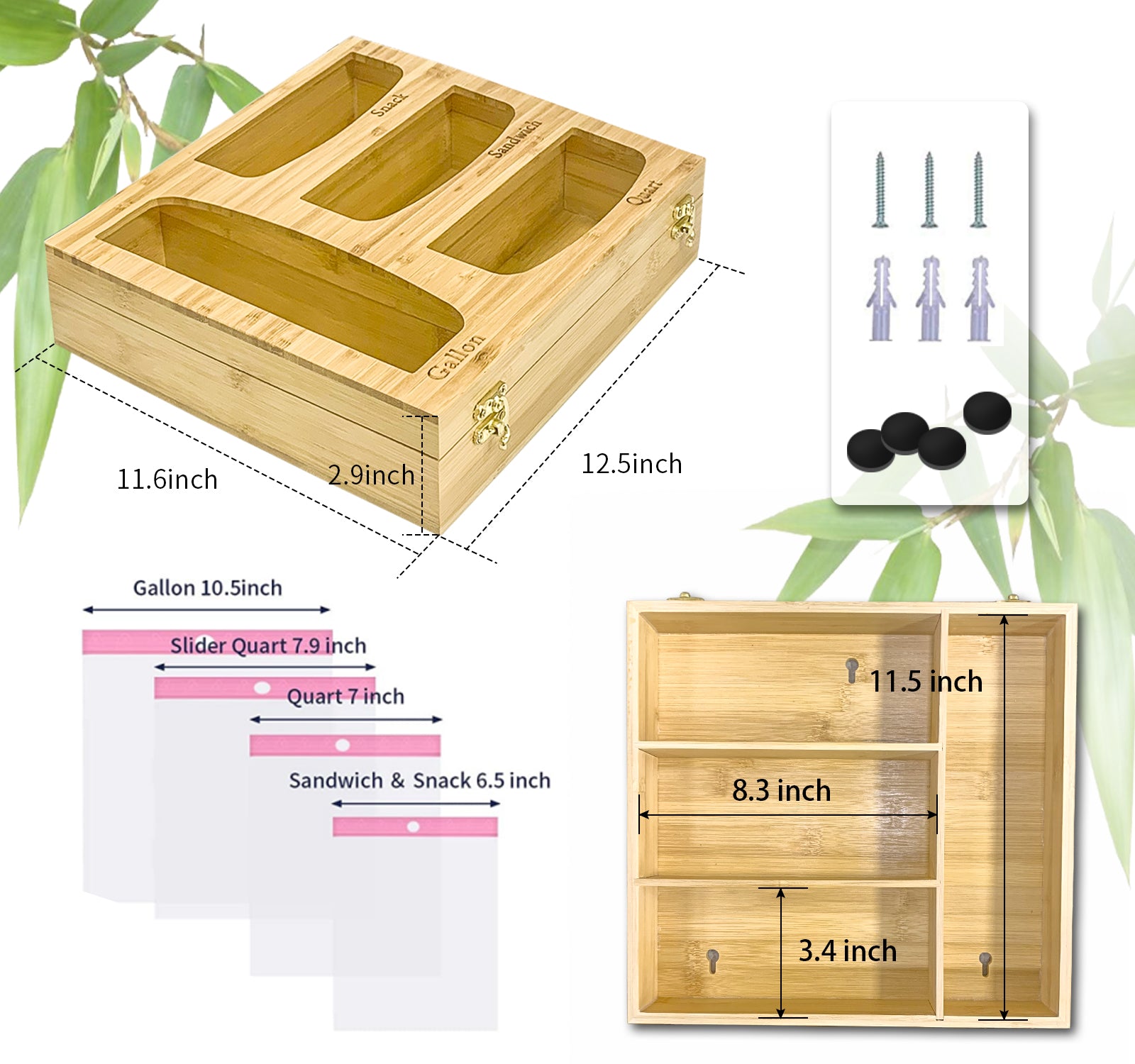 Bamboo Ziploc Organizer - Bag Dispenser for Kitchen Drawer, 12.5